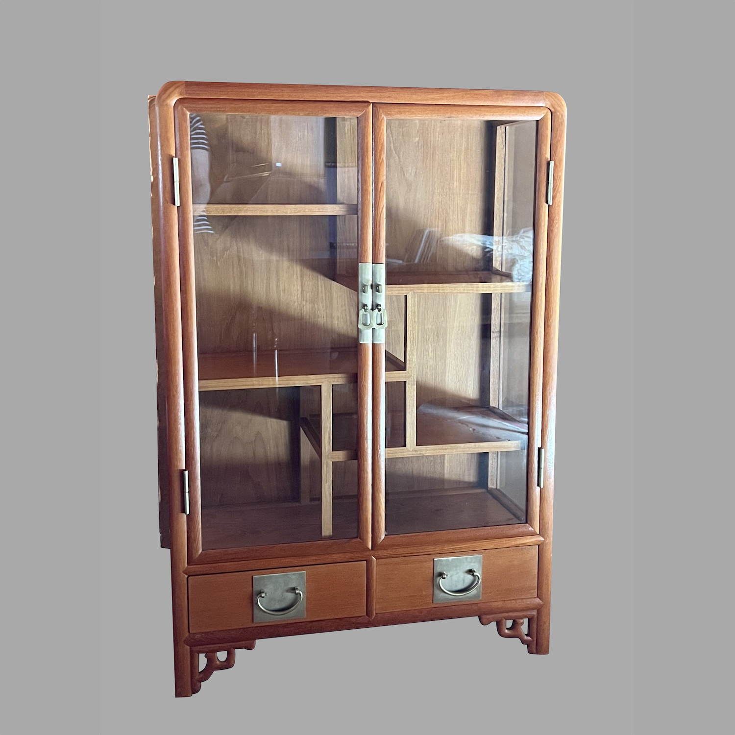 chinese-mid-century-teak-glazed-double-door-display-case-with-2-drawers-c723-36